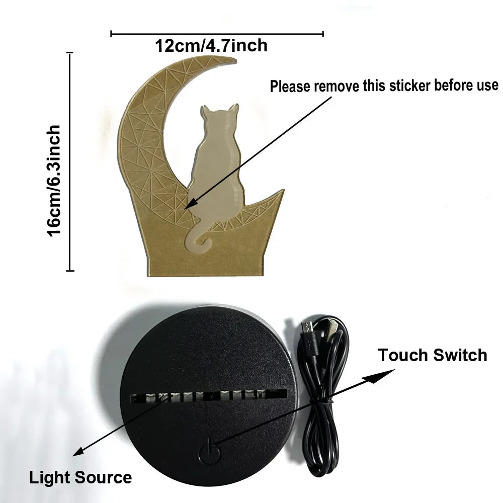 Moon Cat 3D Night Light Optical Illusion Lamp 7-Color Touch Bedroom Decor Lamp