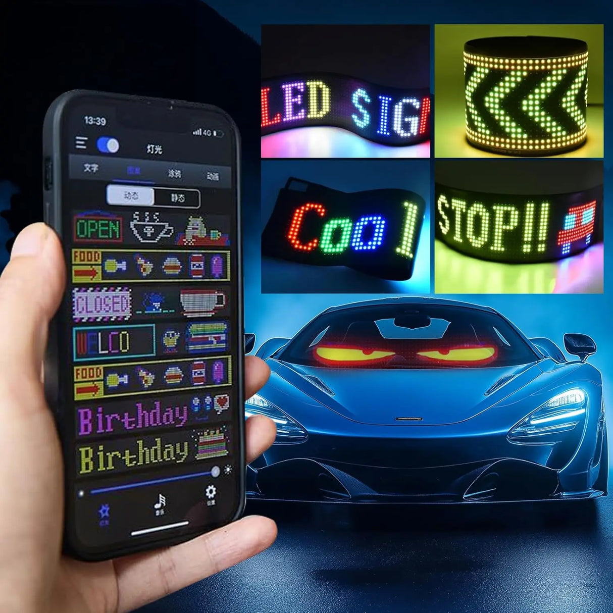Programmable Scrolling LED Sign – Flexible Devil Eyes Light for Car & Store Display