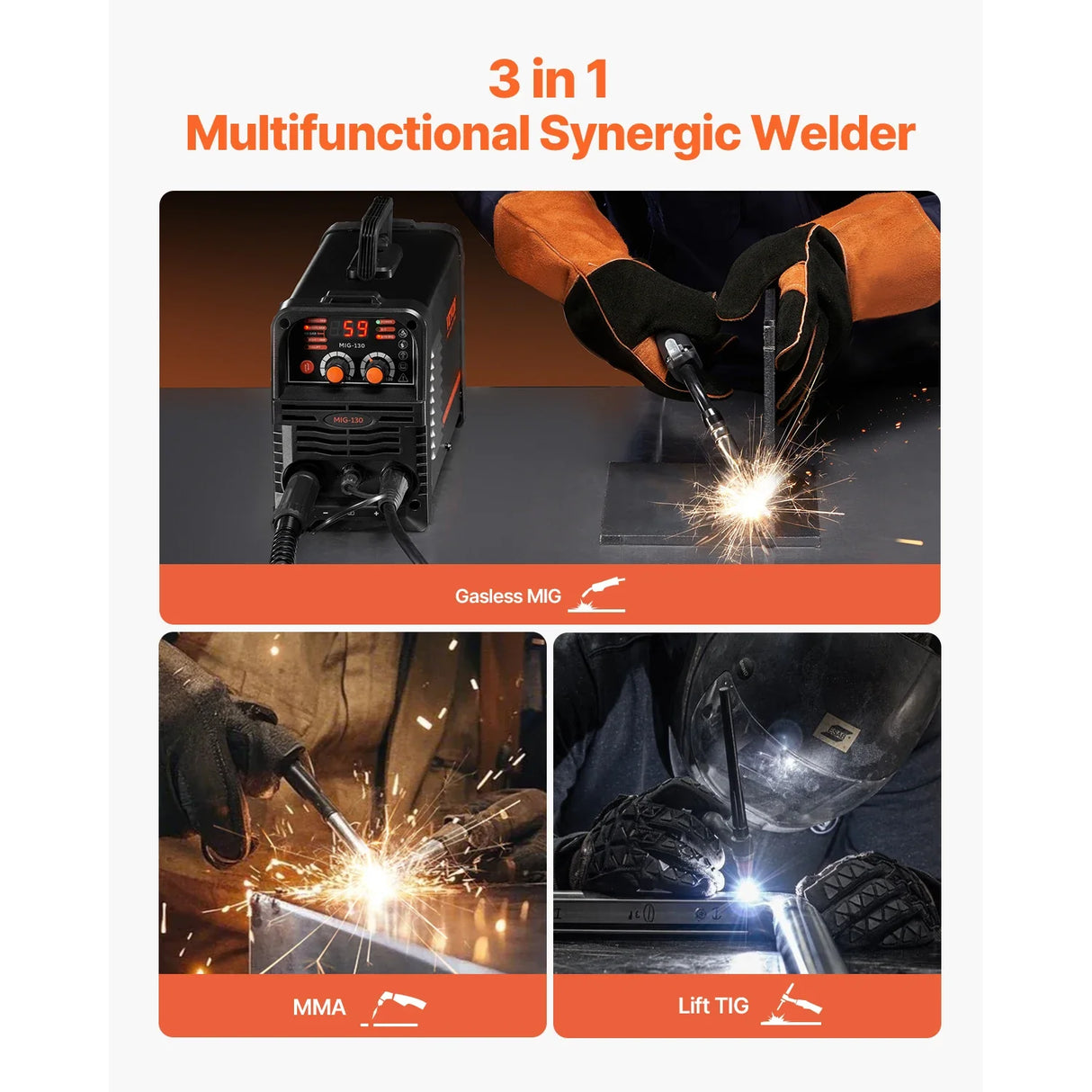 130Amp MIG Welder 3-in-1 Portable IGBT Inverter Welding Machine with Digital Display
