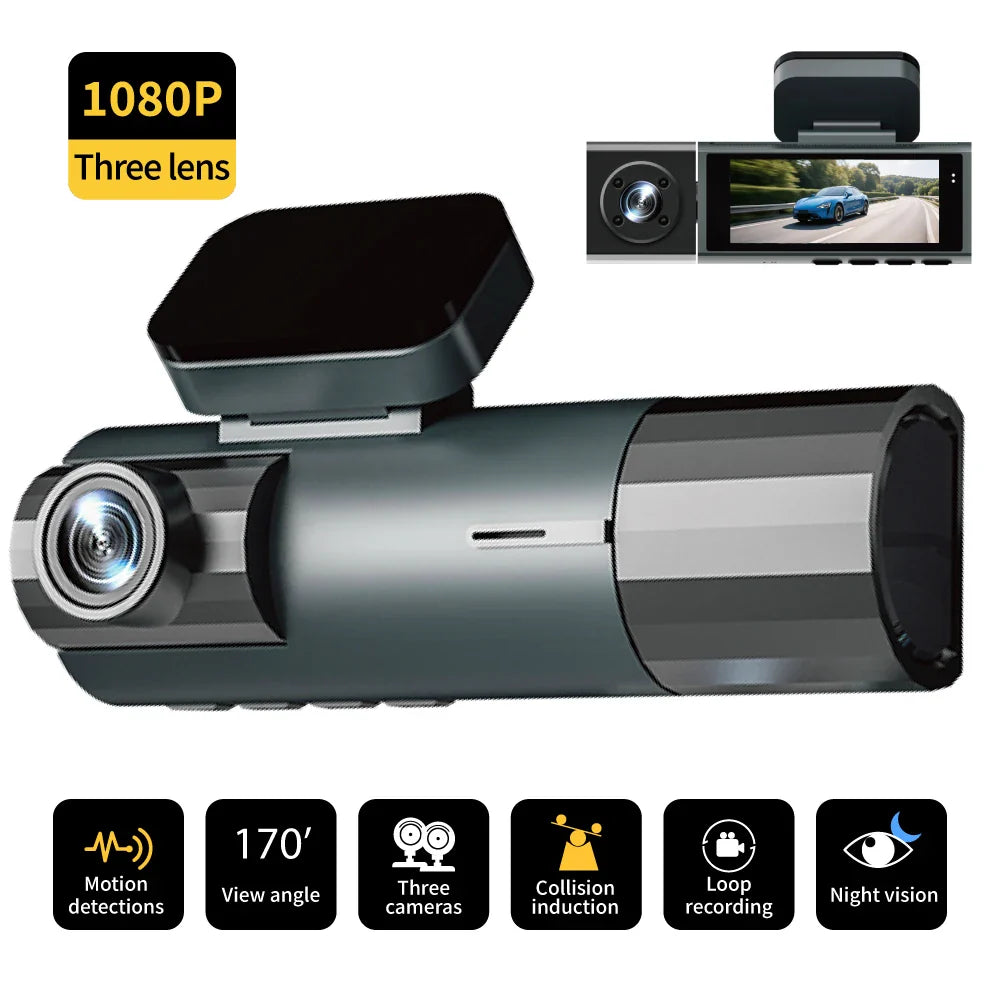 1080P WiFi Dash Cam 3-Way Front Inside Rear Car DVR Night Vision G-Sensor Loop