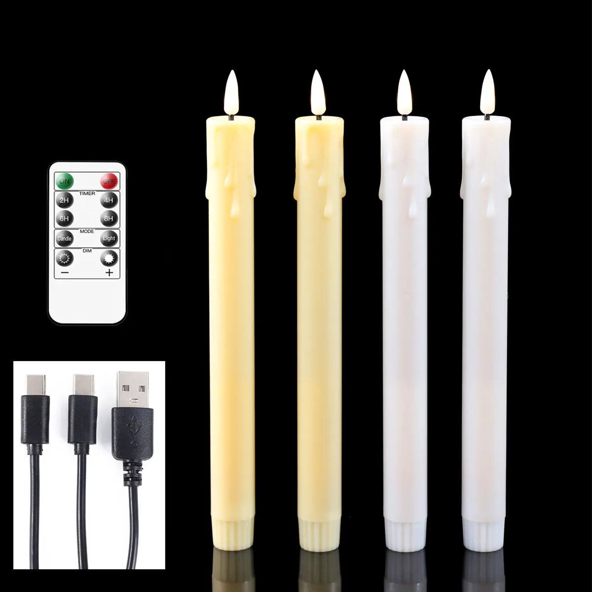Flameless LED Taper Candles Remote USB Rechargeable Warm White 10 Inch Set