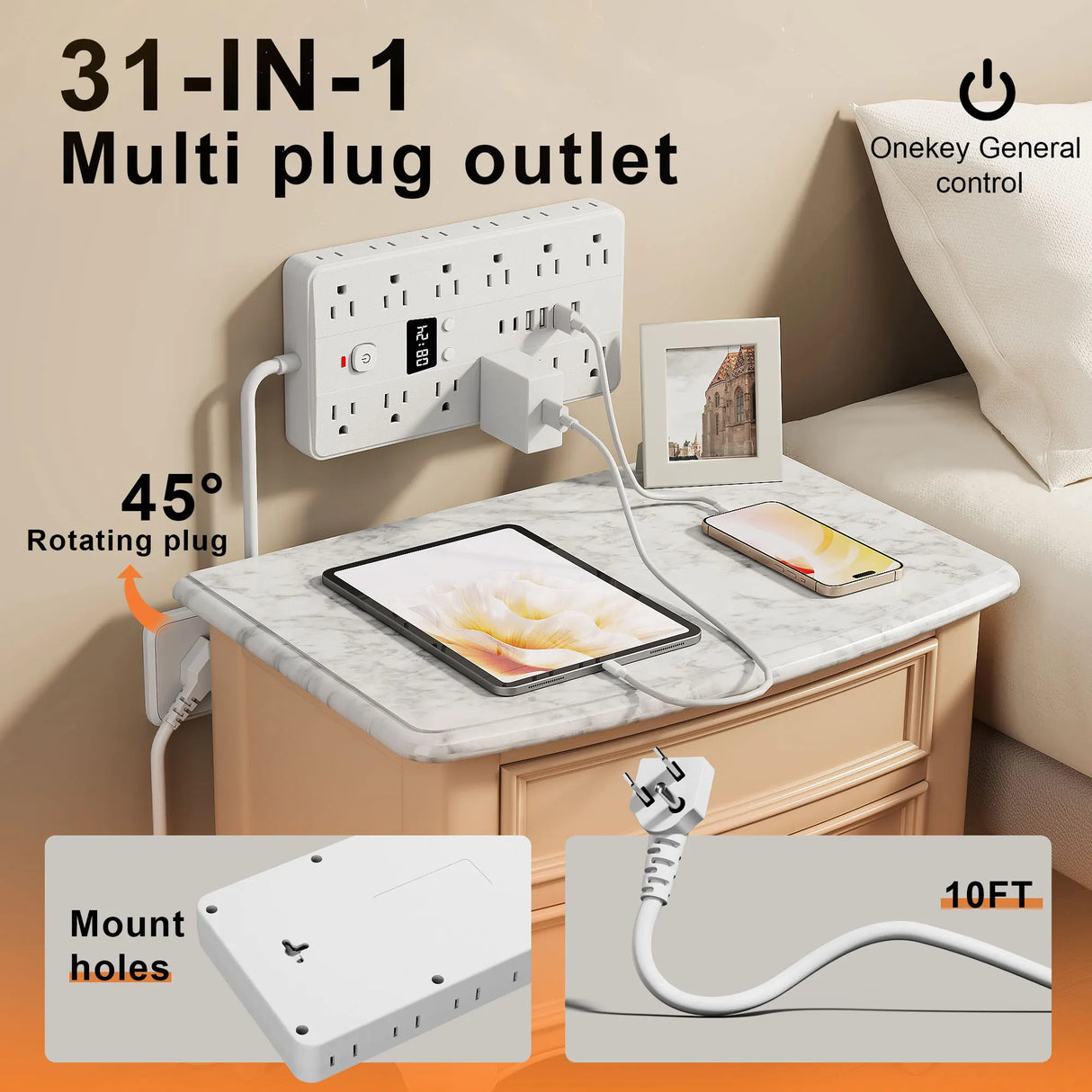 31-in-1 Power Strip Multi Outlet with USB Charging Ports and USB-C Fast Charging