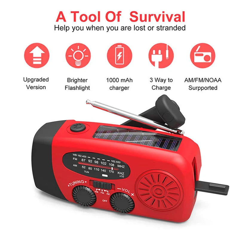 Emergency NOAA Weather Radio AM FM Solar Hand Crank Power Bank LED Flashlight
