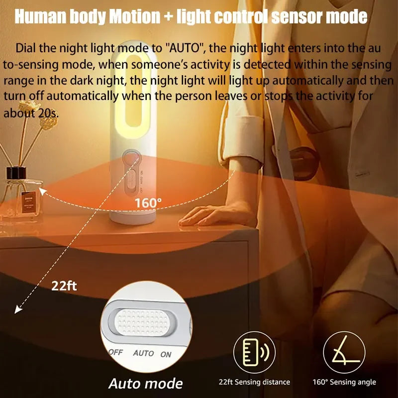 2 in 1 Motion Sensor Night Light Portable Flashlight Bedroom Bathroom Bedside Lamp