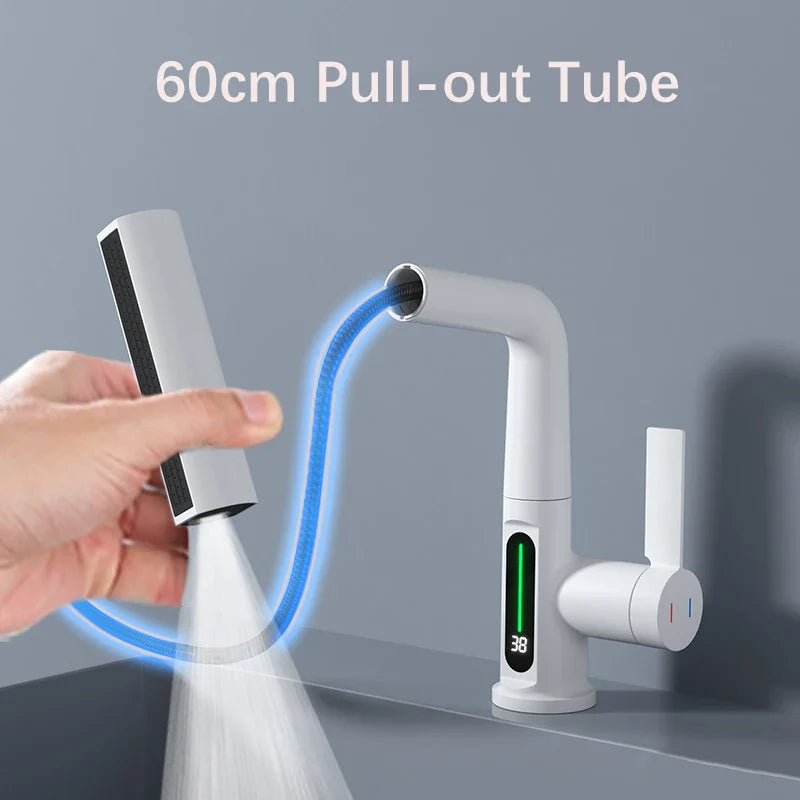 Pull Out Waterfall Kitchen Faucet Digital Display Hot Cold Mixer Sink Tap