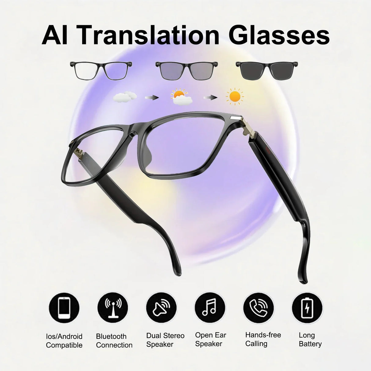 AI Translation Smart Glasses Photochromic Lenses Real Time 160+ Languages