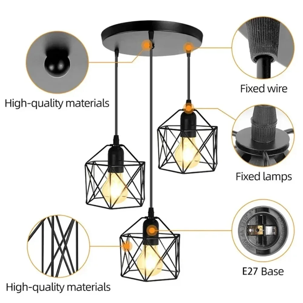 Industrial LED Pendant Light – Modern Metal Cage Hanging Lamp for Dining Room
