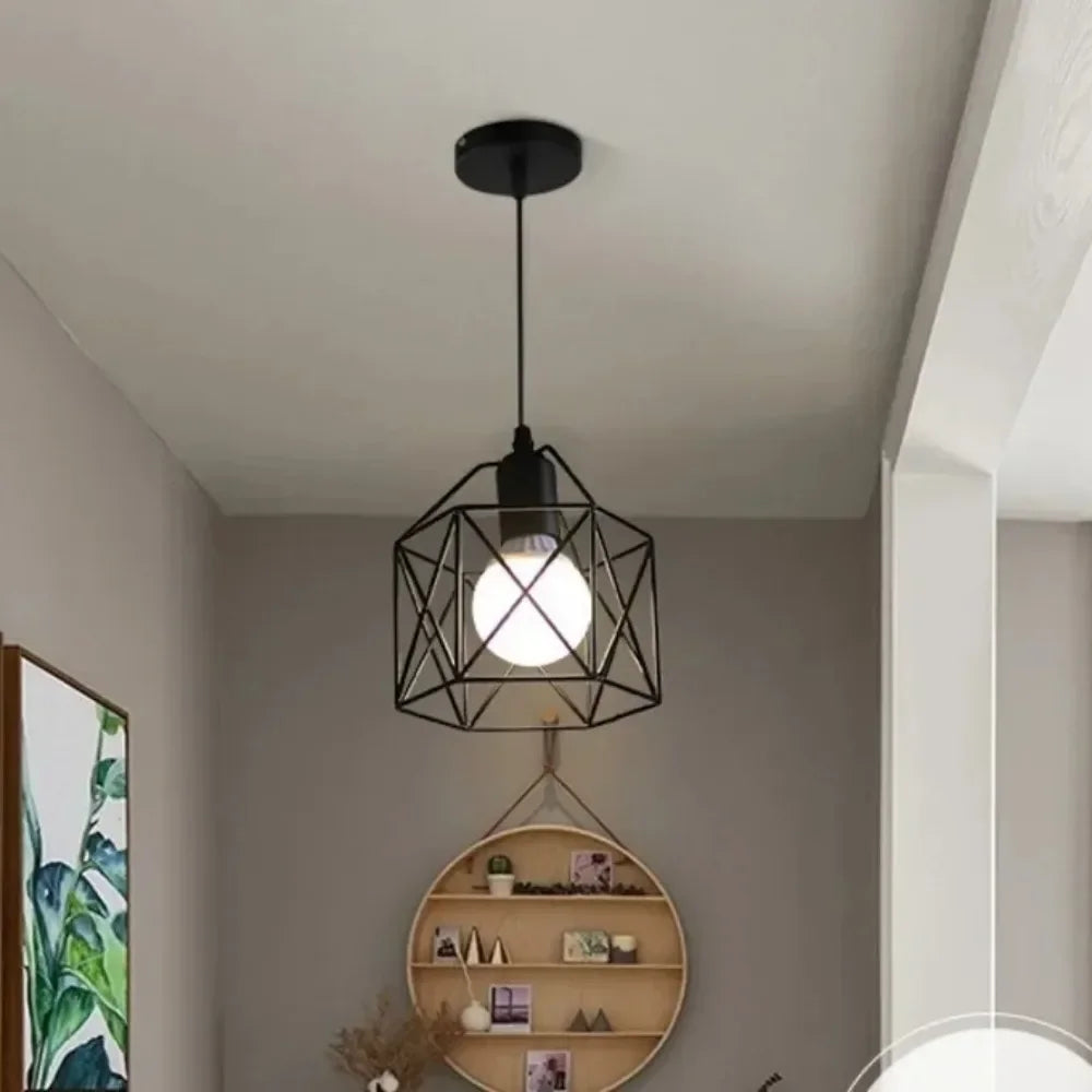 Industrial LED Pendant Light – Modern Metal Cage Hanging Lamp for Dining Room