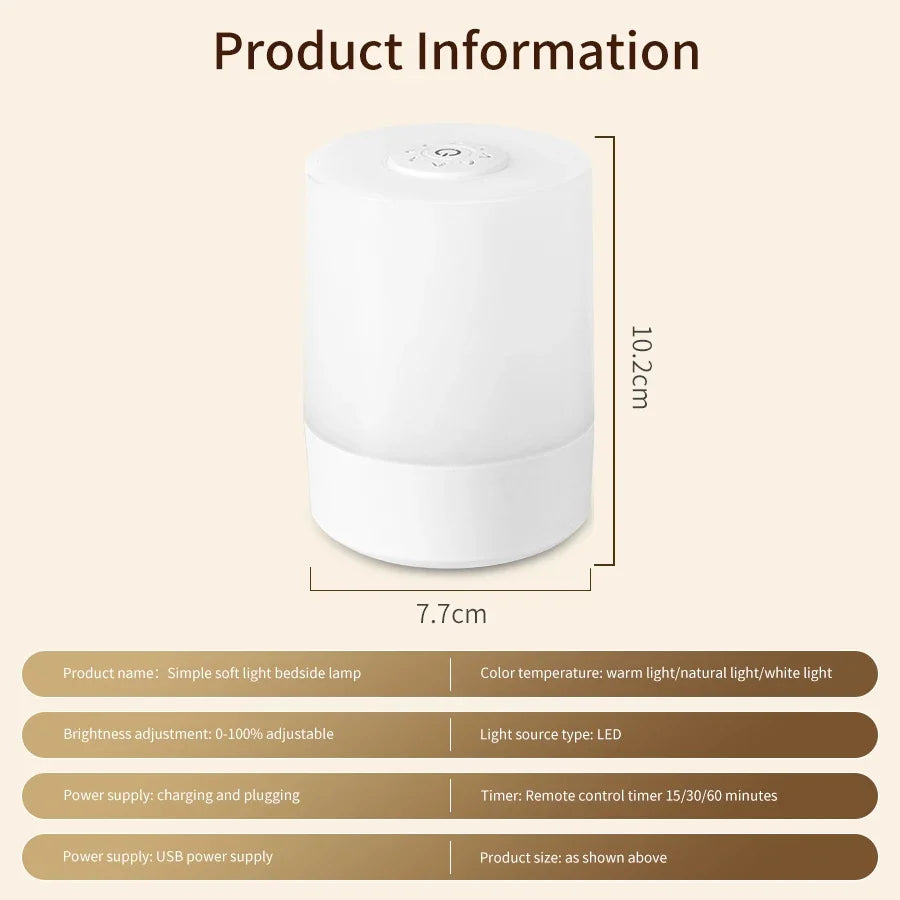 Dimmable LED Bedside Lamp – Touch Control Rechargeable Night Light for Bedroom Use