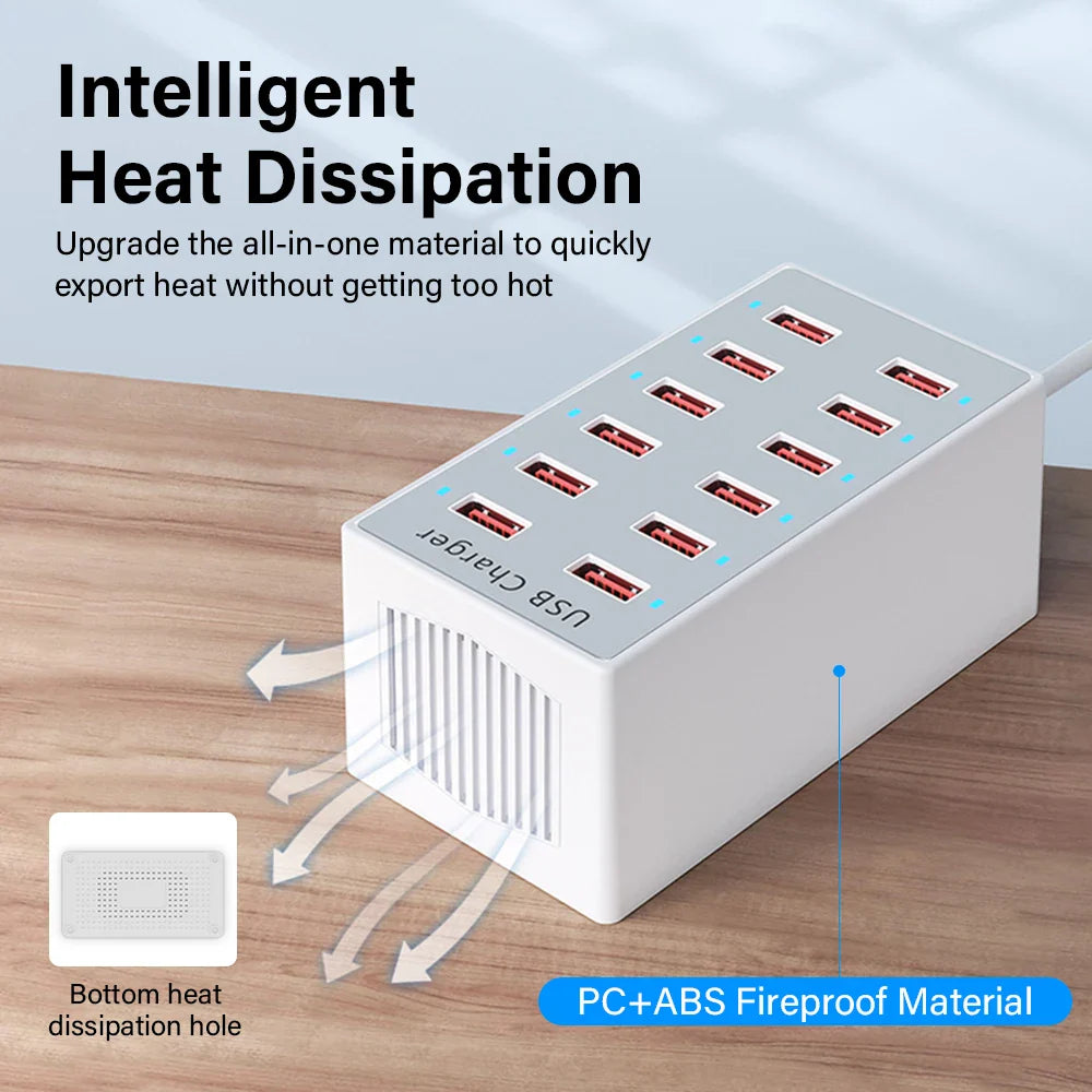 12 Port USB Charging Station Dock Fast Power Adapter for Phone Tablet Laptop