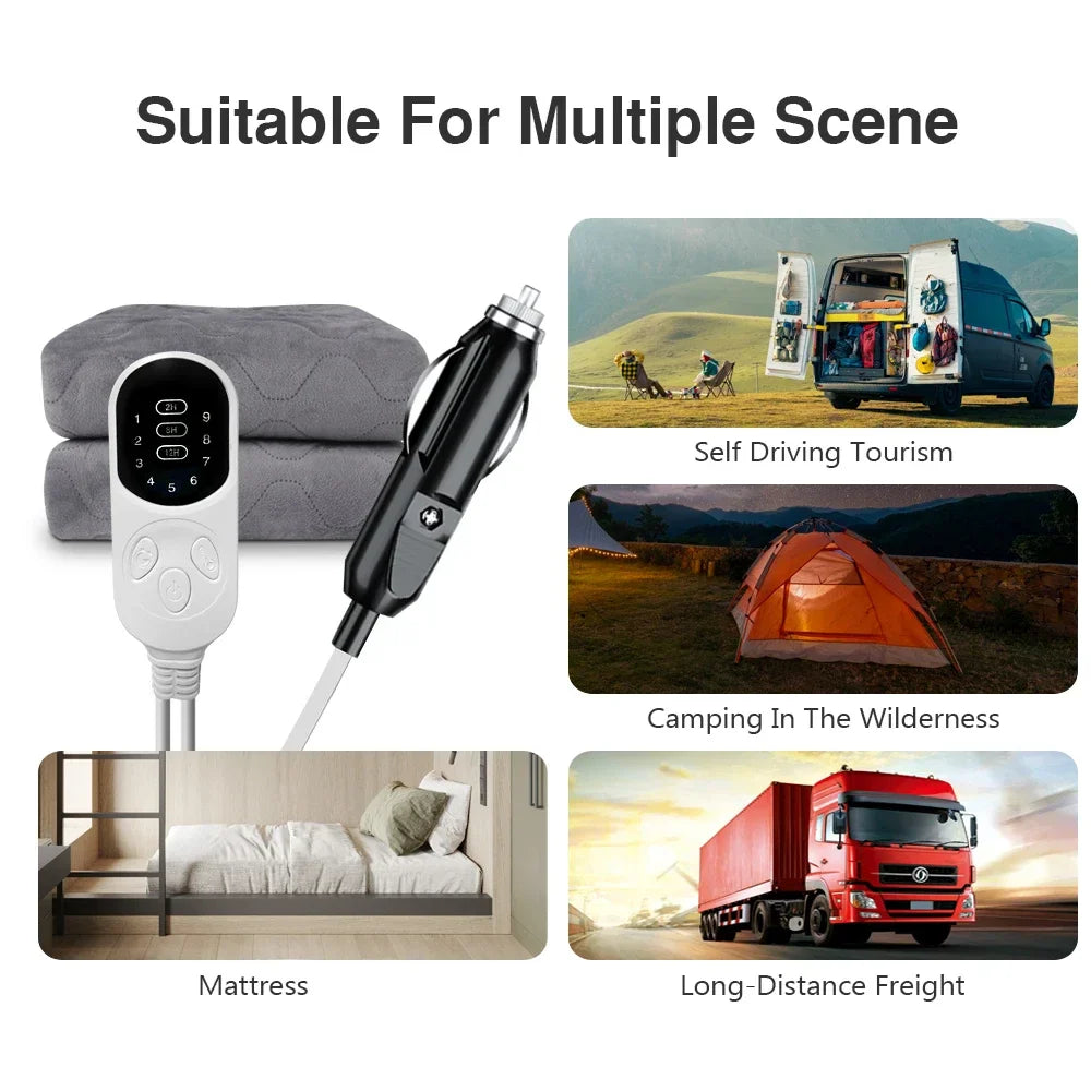 12V Heated Electric Blanket Plush Travel Heating Mat for Car RV SUV Winter
