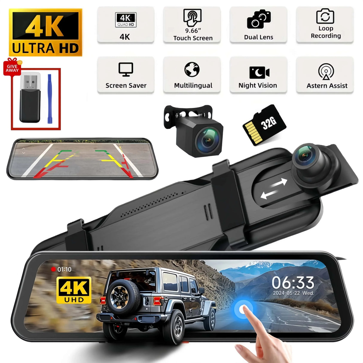 4K Mirror Dash Cam with Touch Screen, Front Rear Dual Recording & Night Vision