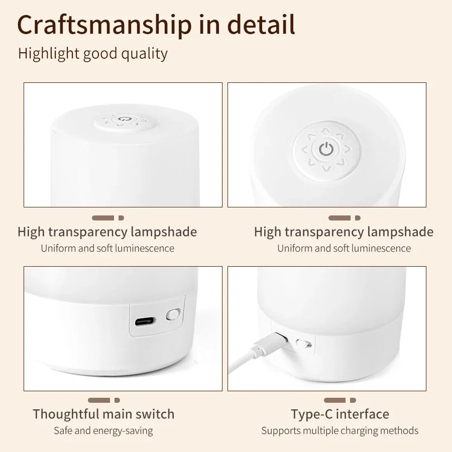 Dimmable LED Bedside Lamp – Touch Control Rechargeable Night Light for Bedroom Use