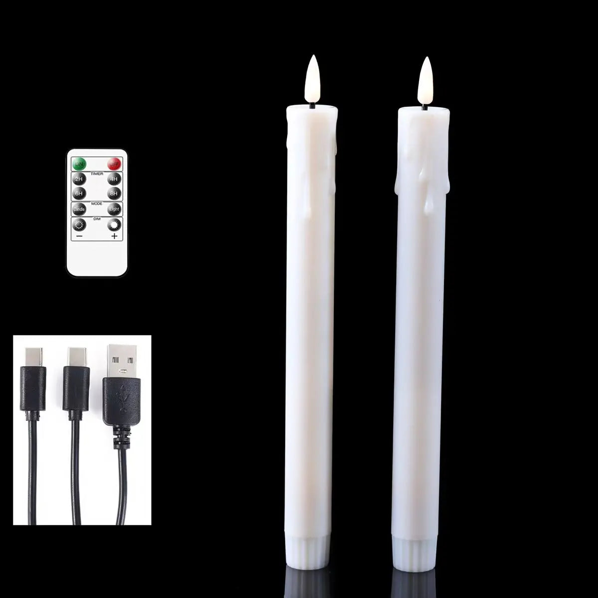 Flameless LED Taper Candles Remote USB Rechargeable Warm White 10 Inch Set