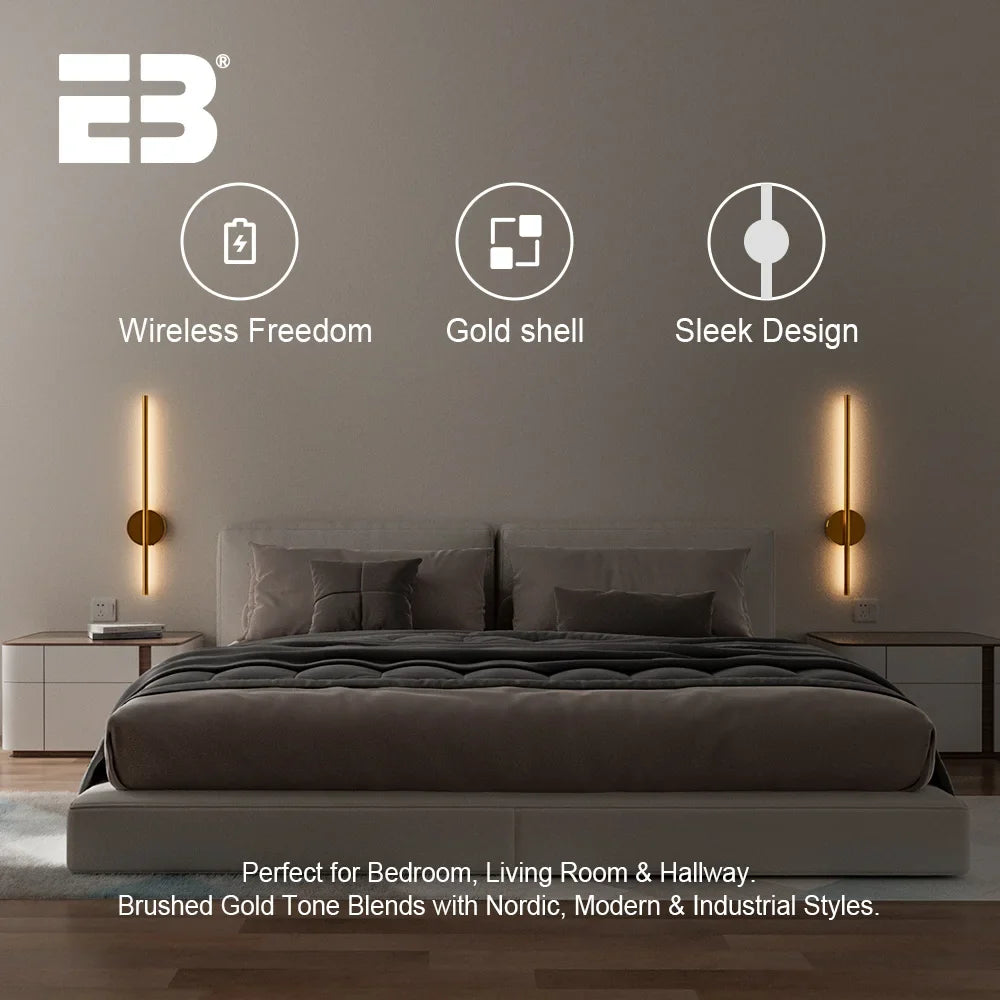 Wireless LED Wall Sconces 2 Pack USB Rechargeable Battery Gold Indoor Light