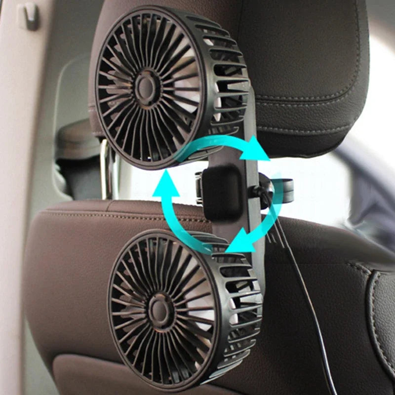 Dual Head USB Car Fan 3-Speed 360° Adjustable Portable