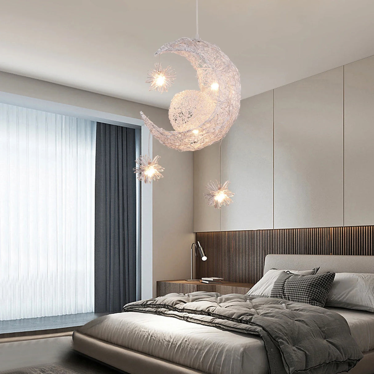 Modern Moon & Star Pendant Light LED Kids Bedroom Hanging Lamp Home Décor