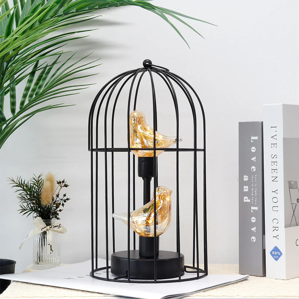 Birdcage Table Lamp Battery Operated Cordless Fairy Light Bird LED Home Decor