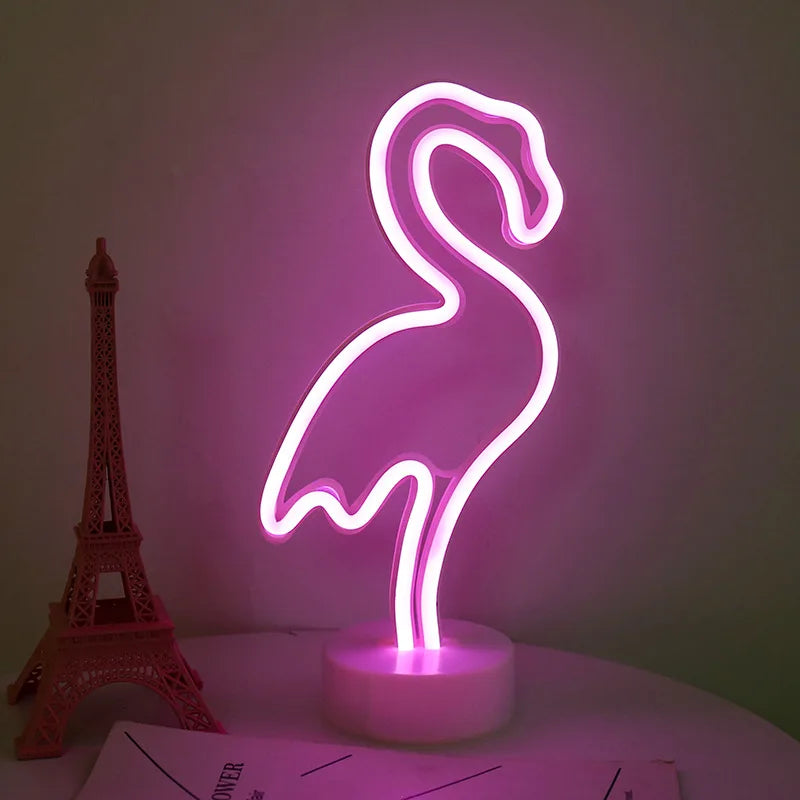Neon Night Light USB Battery Table Lamp Flamingo Cactus Room Decor for Bedroom