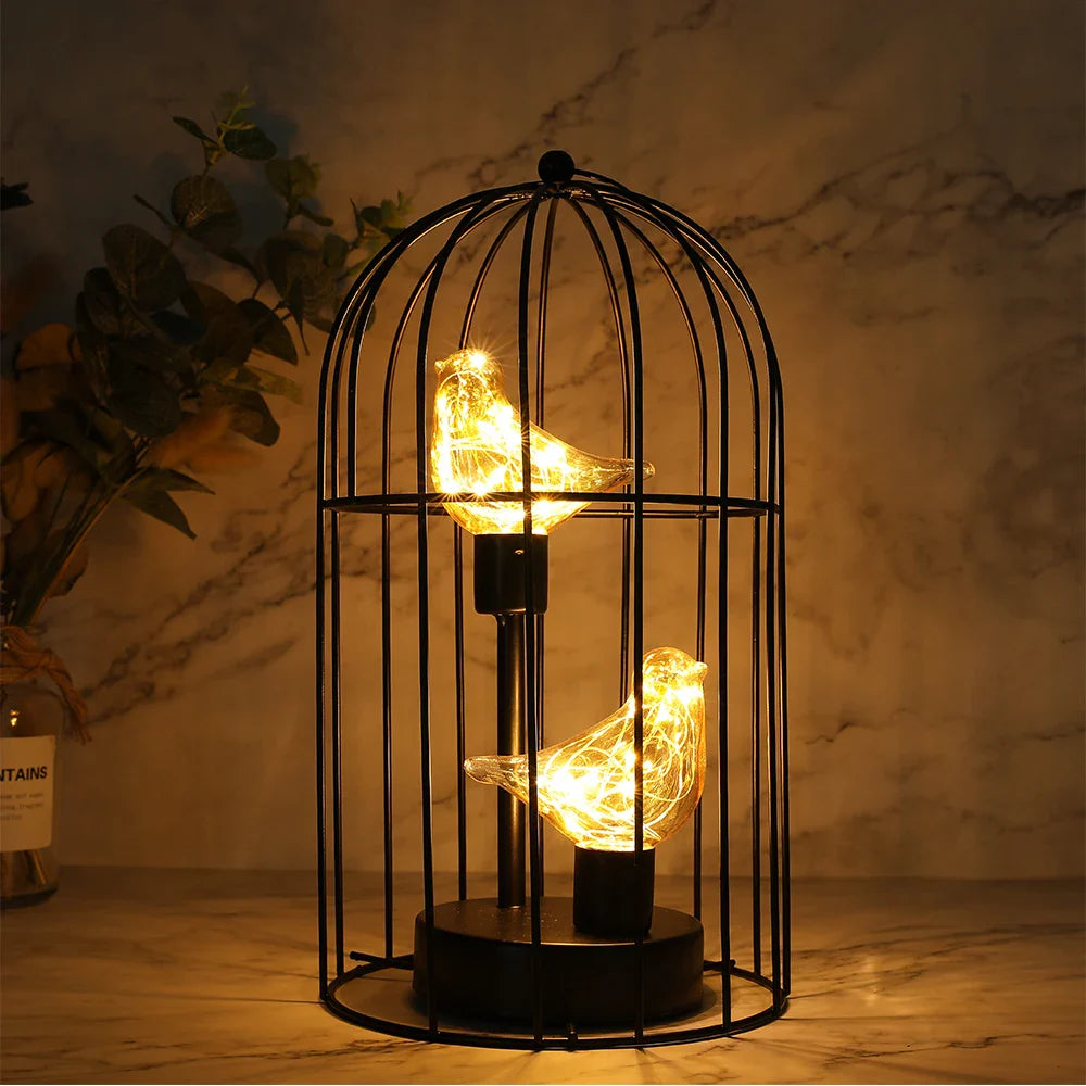 Birdcage Table Lamp Battery Operated Cordless Fairy Light Bird LED Home Decor