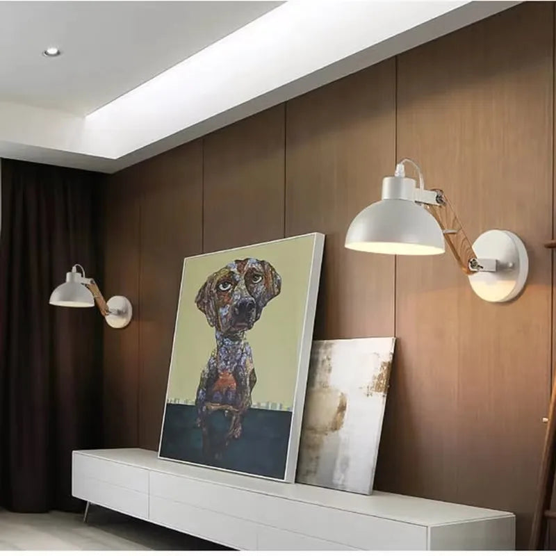 Nordic Adjustable Wall Sconce Robotic Arm Wood Iron E27 Bedroom Hotel Light