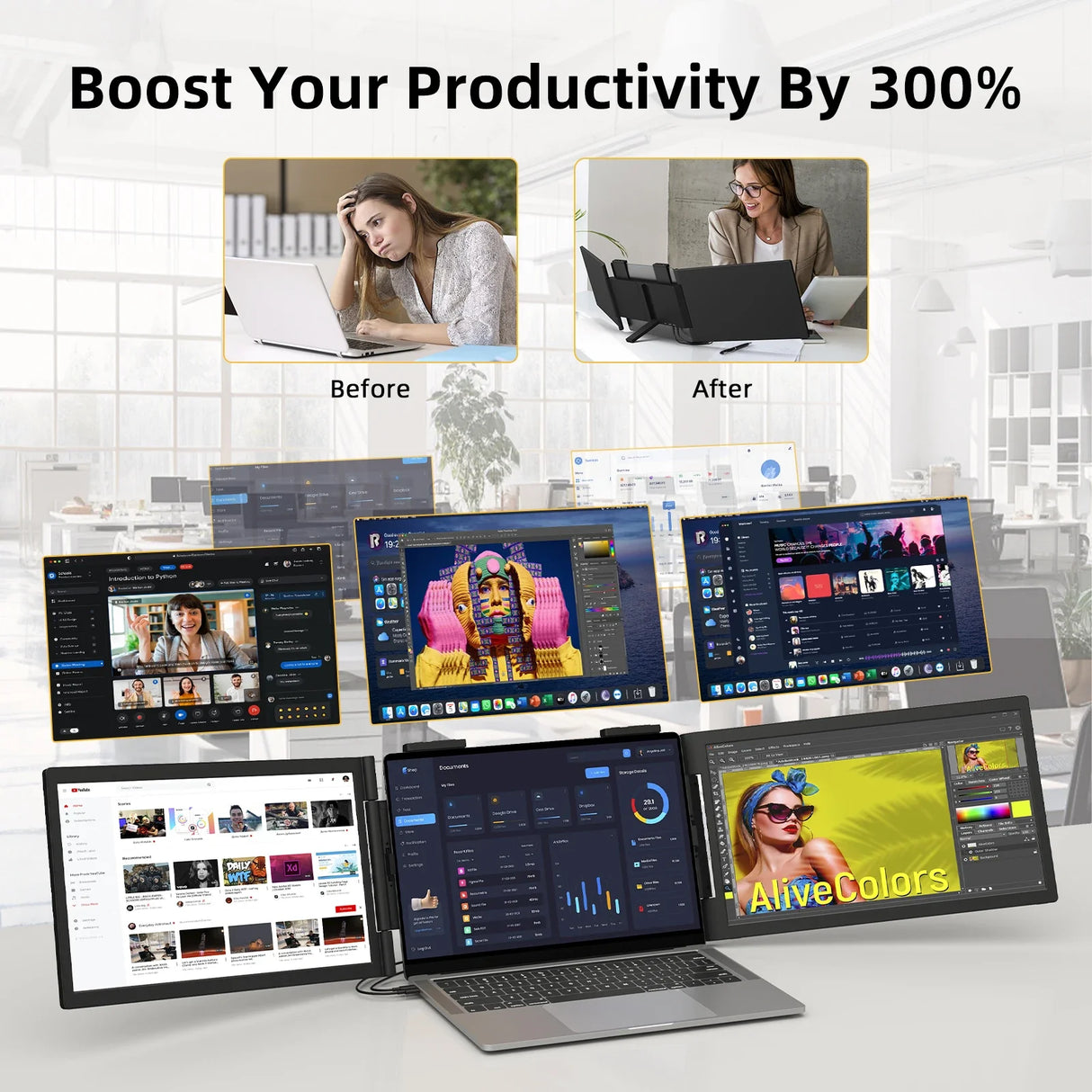 14" Dual Laptop Monitor Amoudo FHD IPS USB-C Portable Triple Screen Windows Mac Xbox