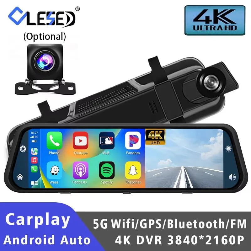 10 Inch 4K Dash Cam Rearview Mirror CarPlay Android Auto GPS WiFi DVR Dual Cam