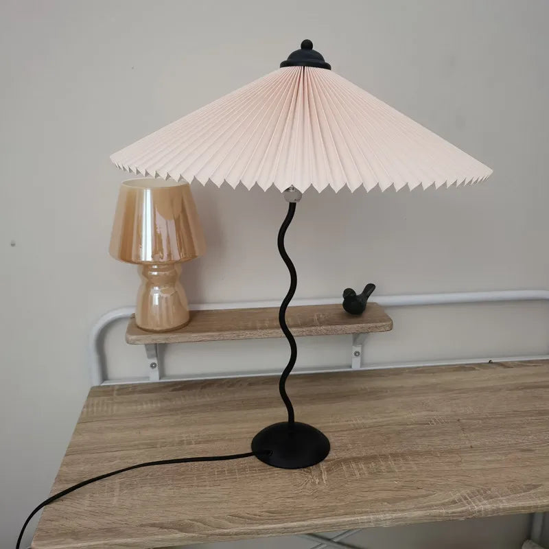 Vintage Pleated Table Lamp Umbrella Squiggle Bedside Night Light Living Room
