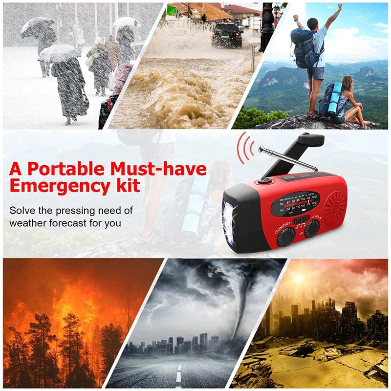Emergency NOAA Weather Radio AM FM Solar Hand Crank Power Bank LED Flashlight