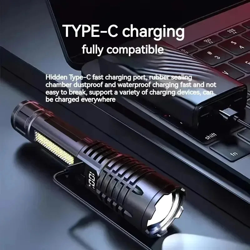 High Power LED Flashlight Type C Rechargeable COB Torch Side Light Camping
