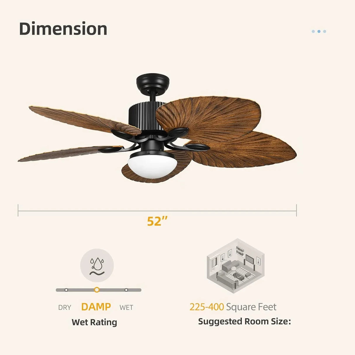 Outdoor Ceiling Fan 5 Palm Leaf Blades Brown Tropical