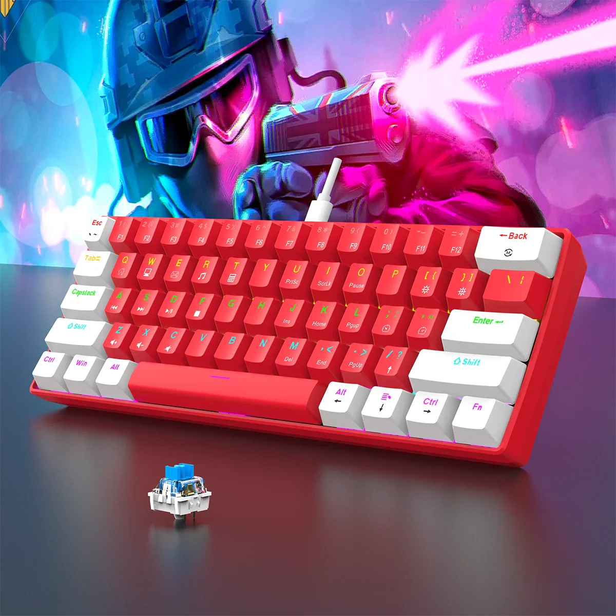 60% Wired Gaming Keyboard – 61-Key Compact RGB Backlight Waterproof for PC & Mac