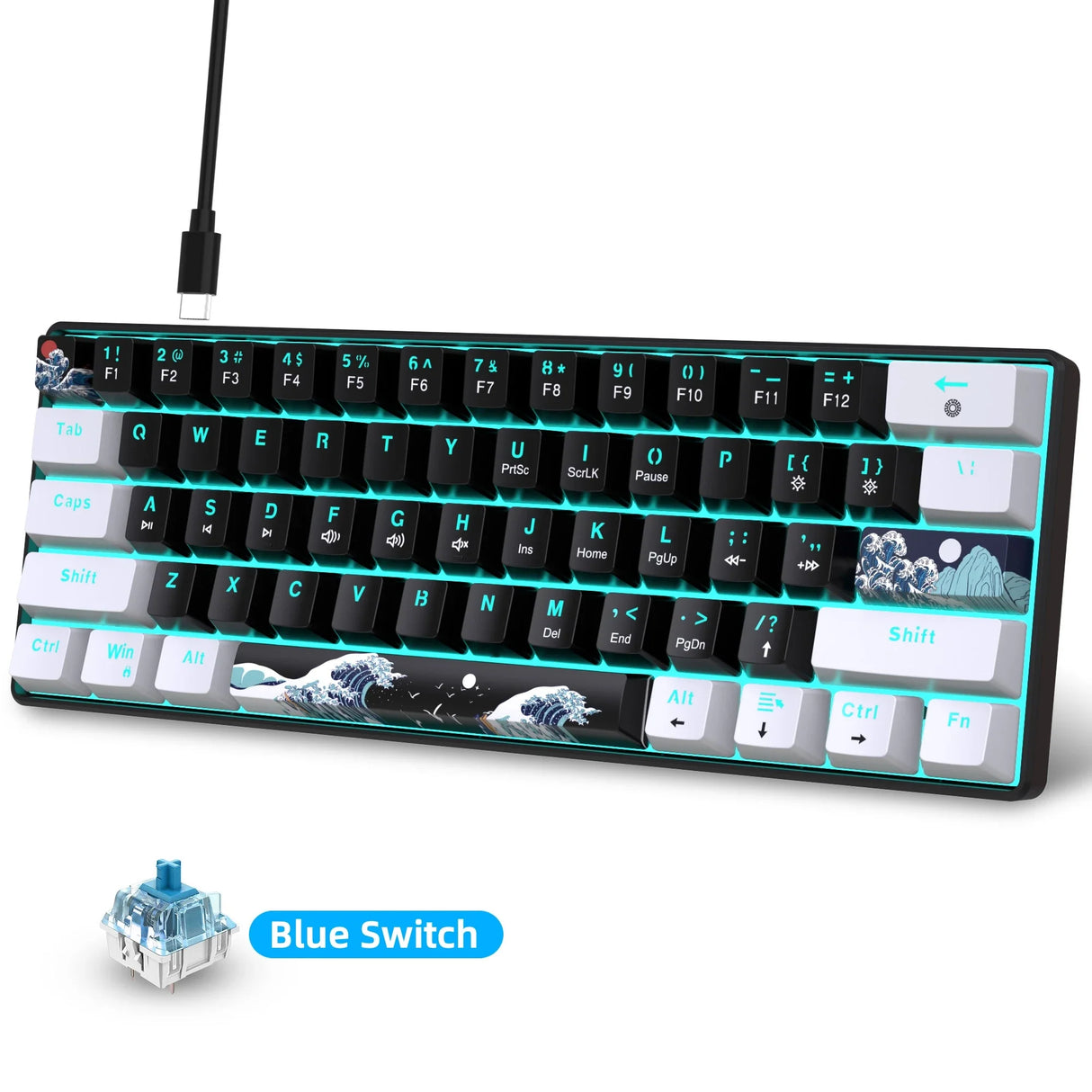60% Mechanical Gaming Keyboard with Blue Switches – Compact Sea Blue Backlit