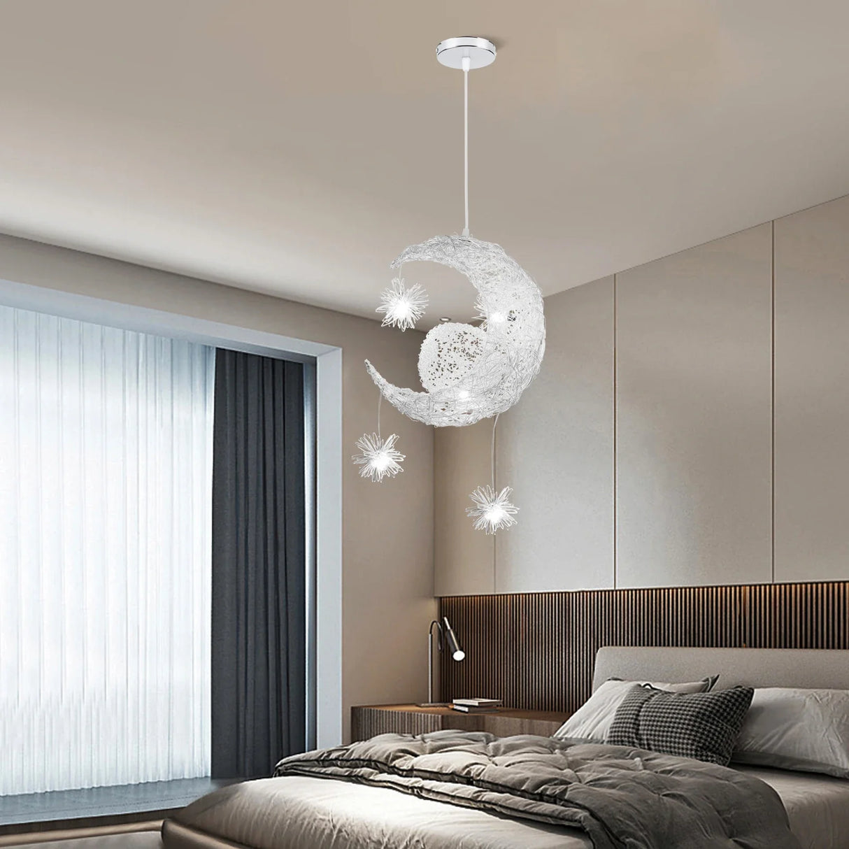 Modern Moon & Star Pendant Light LED Kids Bedroom Hanging Lamp Home Décor