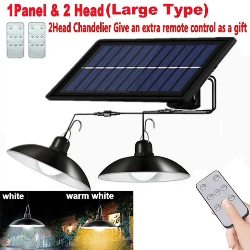 Solar Pendant Light Outdoor LED Double-Head Chandelier Waterproof Remote Lamp