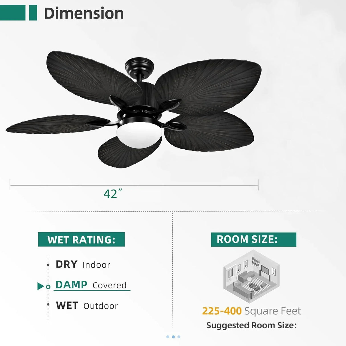 Outdoor Ceiling Fan 5 Palm Leaf Blades Brown Tropical