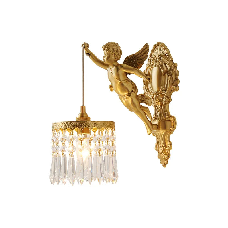 Brass Angel Wall Lamp Crystal Sconce Light Bedside Balcony Corridor Porch Decor
