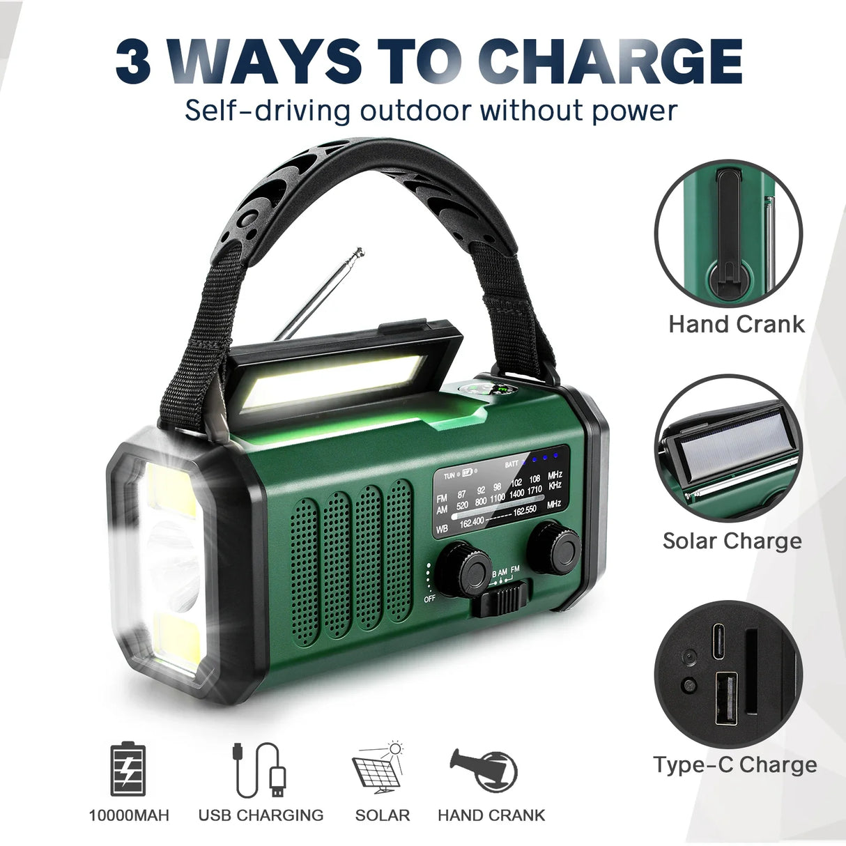 Emergency NOAA Weather Radio Solar Hand Crank 10000mAh Power Bank SOS