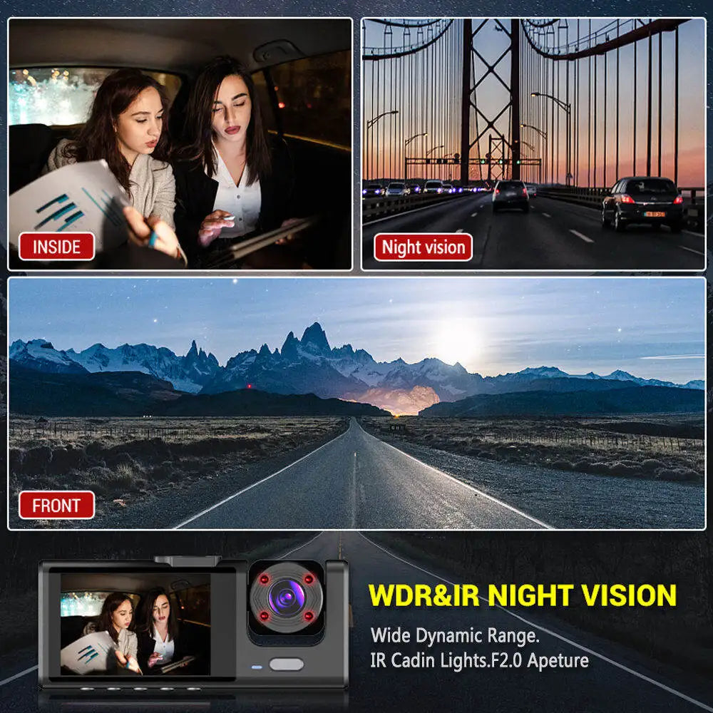 1080P Dash Cam with IR Night Vision and 3-Channel Recording