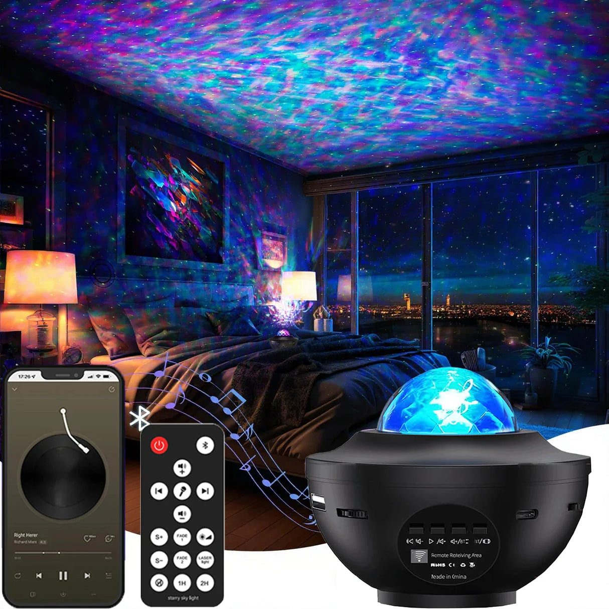 Galaxy Projector Starry Sky Night Light with Ocean Wave Music Remote USB for Kids