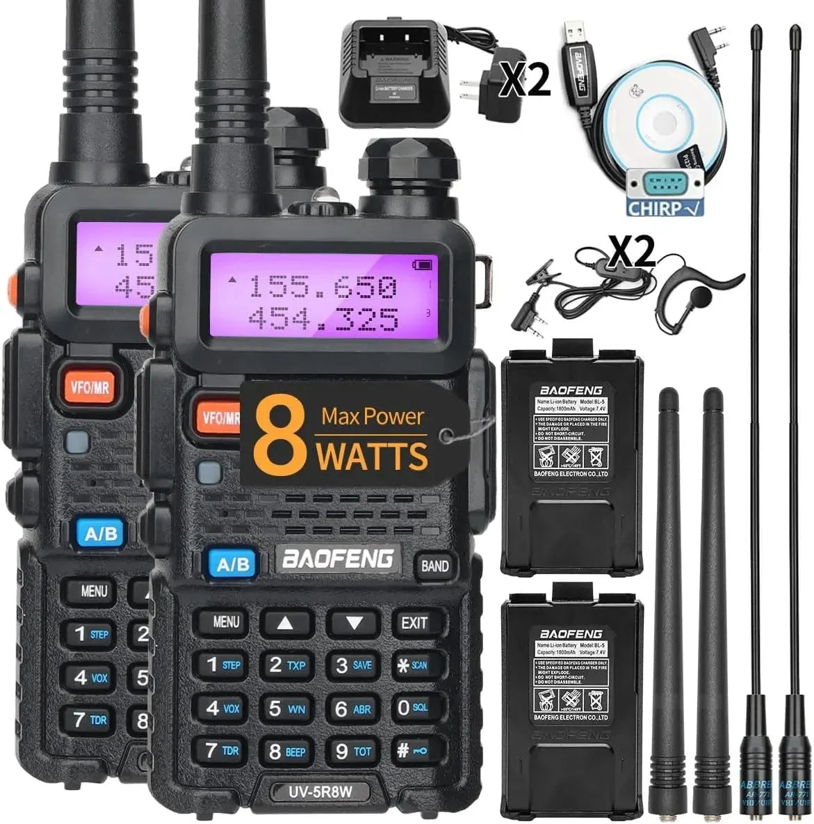 8W Dual Band Walkie Talkie Long Range Two Way Radio 128 Channel Handheld
