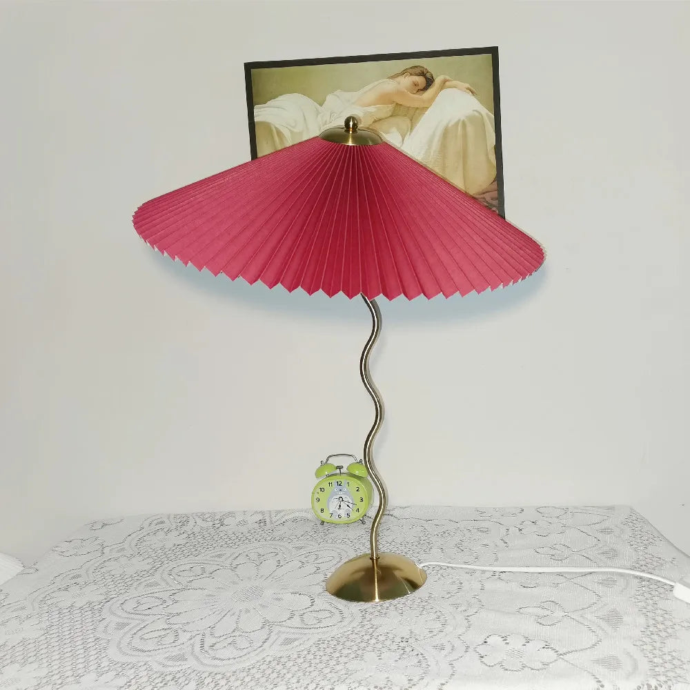 Vintage Pleated Table Lamp Umbrella Squiggle Bedside Night Light Living Room
