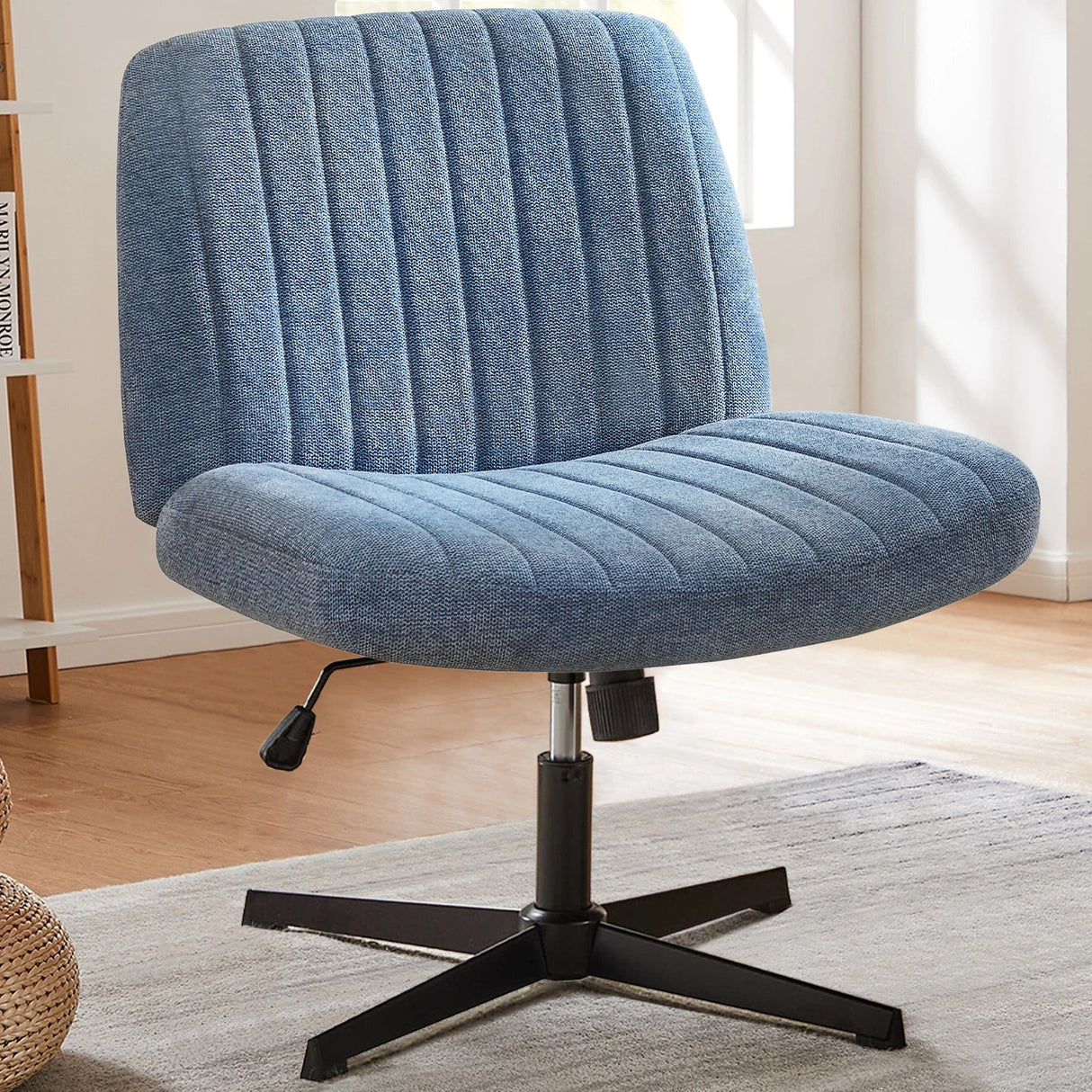 Cross Legged Office Chair Armless Wide Seat Swivel Fabric Desk Vanity Chair