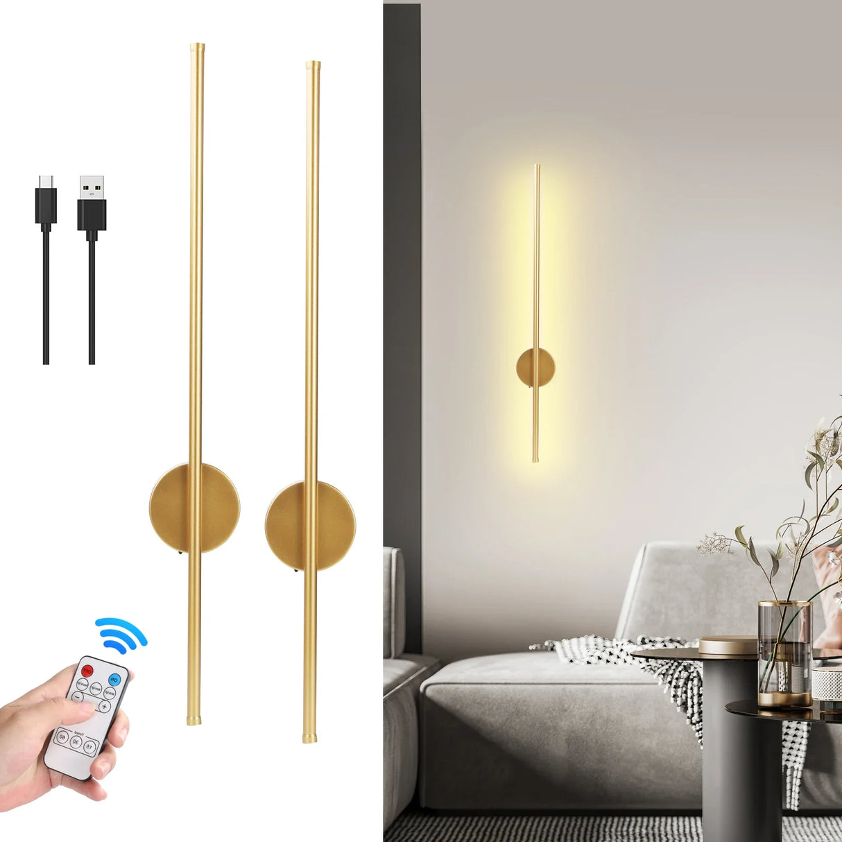 Rechargeable Wireless Wall Light with Remote Dimmable Bedside Night Lamp