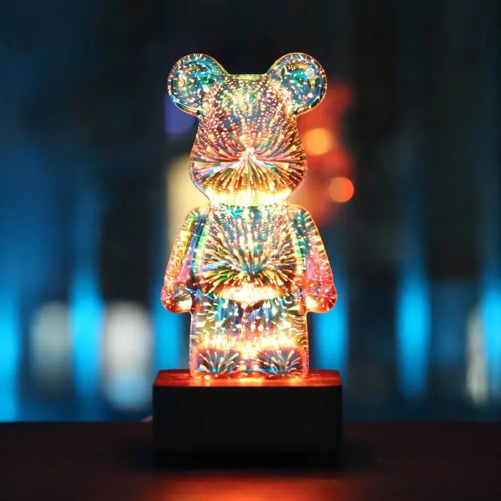 3D Bear Fireworks LED Night Light USB Dimmable Projector Bedroom Decor