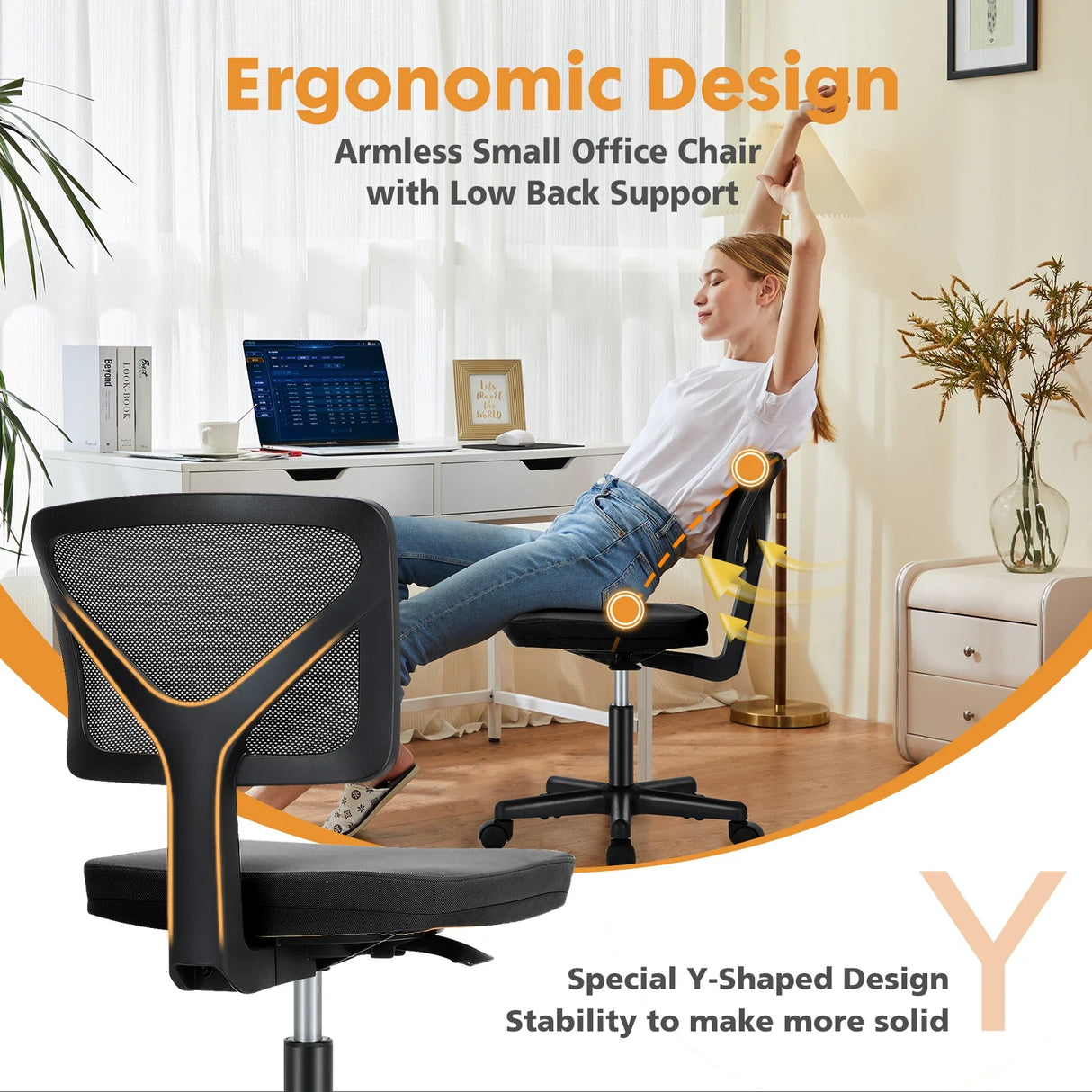Armless Mesh Office Chair Low Back Adjustable Height Swivel Computer Chair