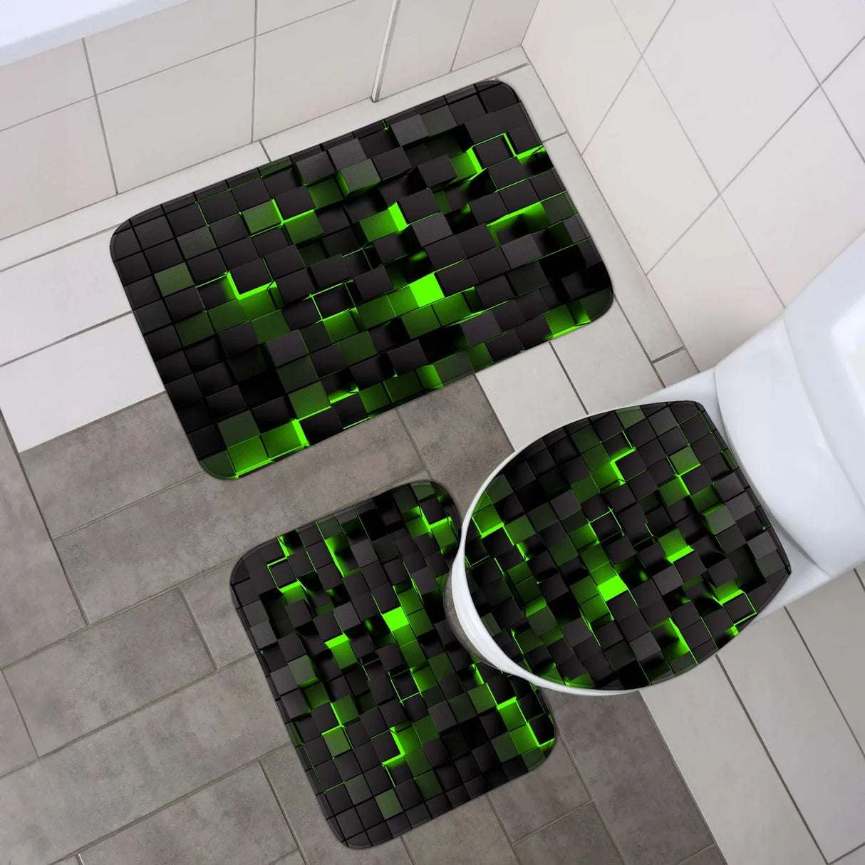 4-Piece Waterproof Shower Curtain Set with Hooks & Bathroom Floor Mats Blue Black