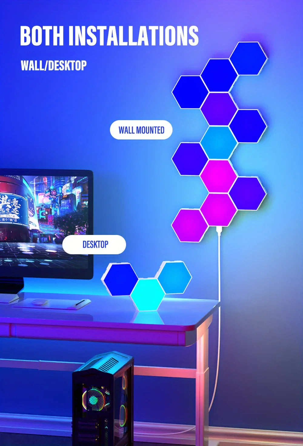 Hexagon LED Wall Lights RGB Panels with Music Sync App Control for Bedroom