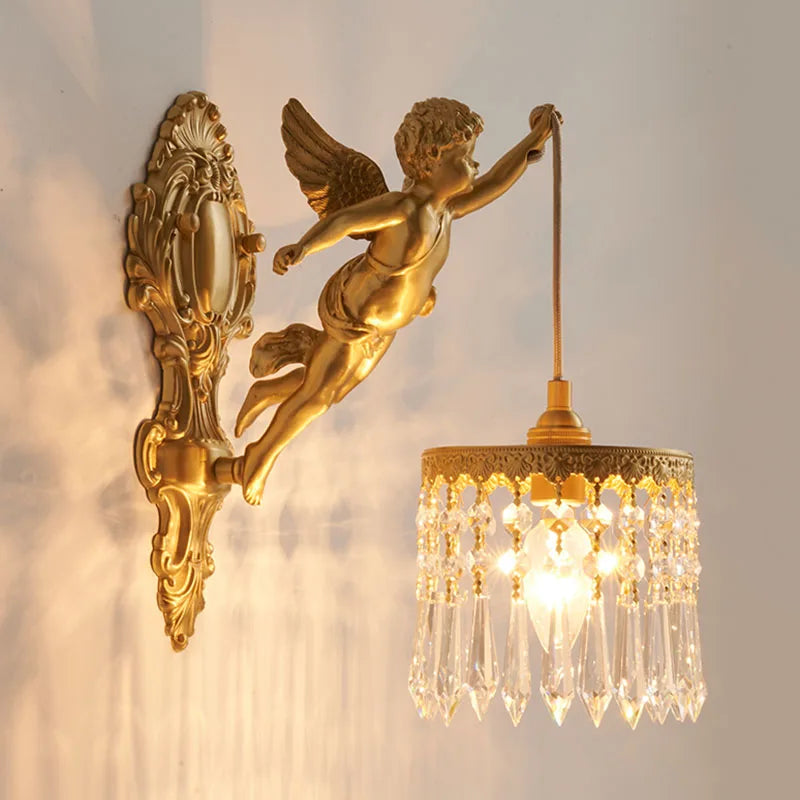 Brass Angel Wall Lamp Crystal Sconce Light Bedside Balcony Corridor Porch Decor