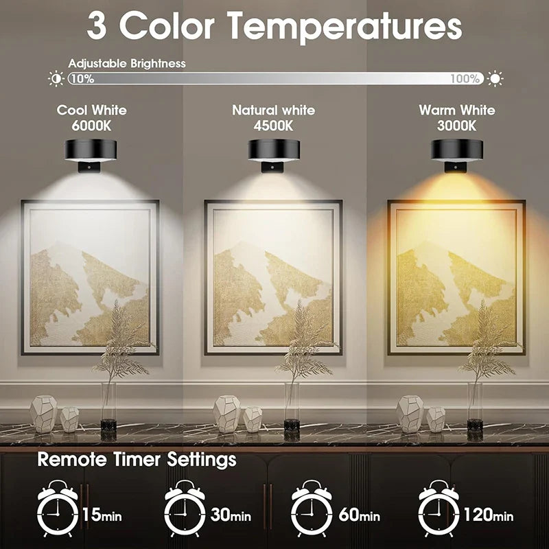 3 Pack Magnetic Picture Lights with Remote Dimmable Battery Art Wall Lights